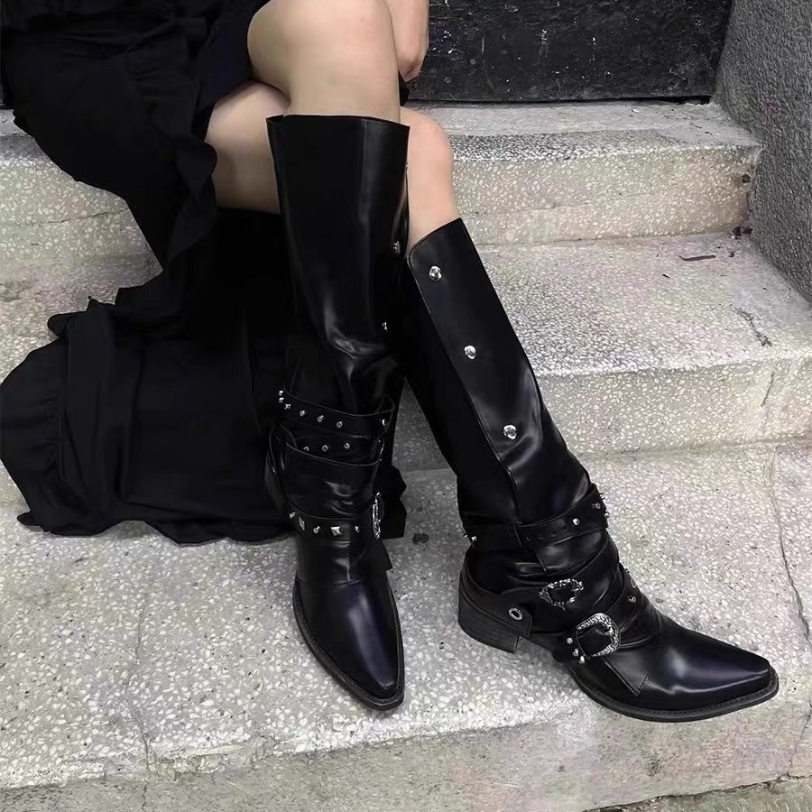尖头辣妹粗跟骑士靴黑色朋克风小众个性复古长靴美式废土风靴子女