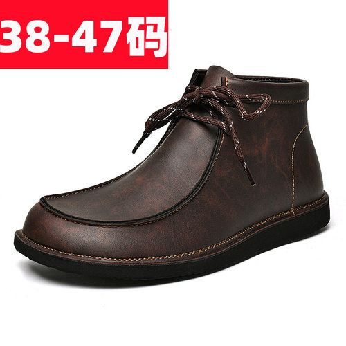 跨境男士大码45复古休闲皮靴46加肥加宽脚背高47复古短靴男工装靴