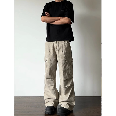 大理石暗纹口袋直筒阔腿工装裤男