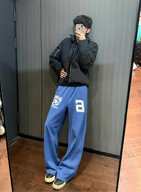 美式刺绣印花蓝色弯刀阔腿长裤男春秋季潮牌慵懒百搭休闲运动卫裤