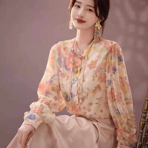 新中式盘扣碎花雪纺衫女春夏