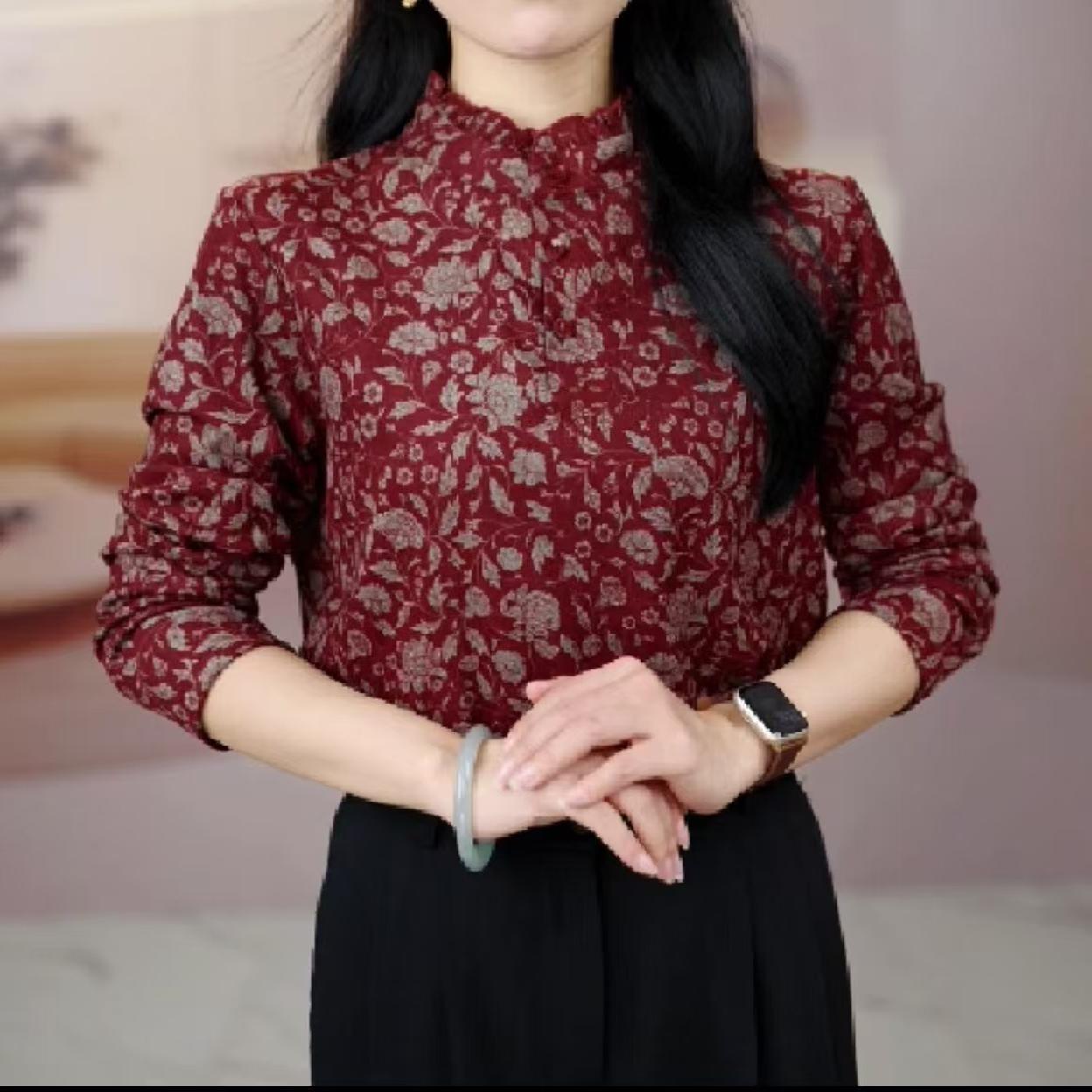 立领秋冬款长袖小衫女2025新款碎花显瘦套头衬衫上衣女保暖打底衫