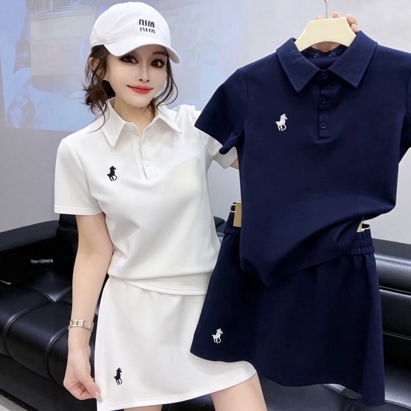 夏季休闲运动套装2026新款女韩版高级感polo衫+半身裤裙两件套潮