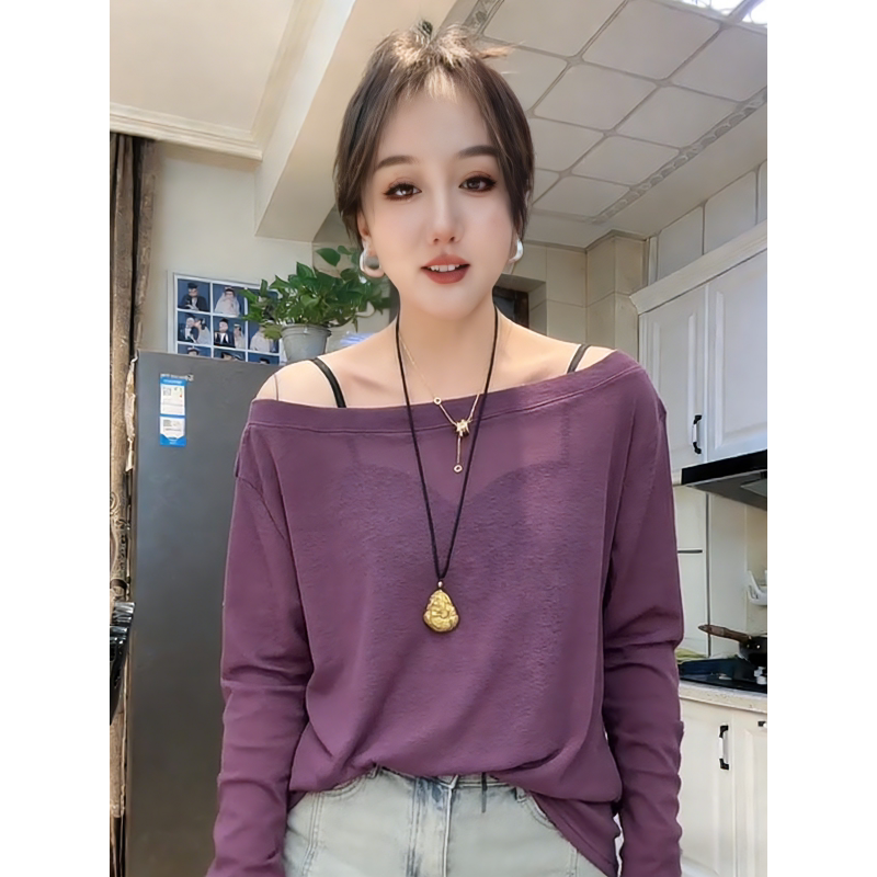 欧货露肩一字领长袖T恤网纱女夏2026新款气质休闲宽松超薄防晒衫