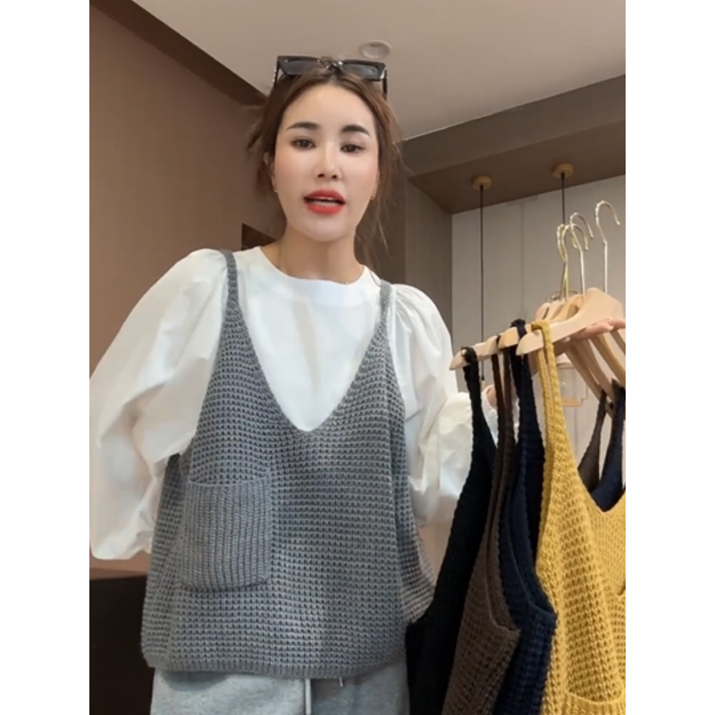 2025秋季新款纯色坎肩针织吊带背心女设计感宽松口袋V领叠穿马甲