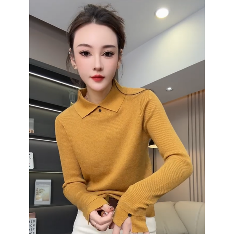 欧洲站两粒扣翻领长袖针织毛衣女2025秋冬新款套头显瘦软糯打底衫,女装/女士精品,毛针织衫,淘宝优惠券,粉丝福利购,淘宝优惠卷