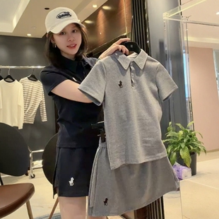 休闲运动polo领短袖套装女高腰A字裤裙两件套小马刺绣高品质夏装