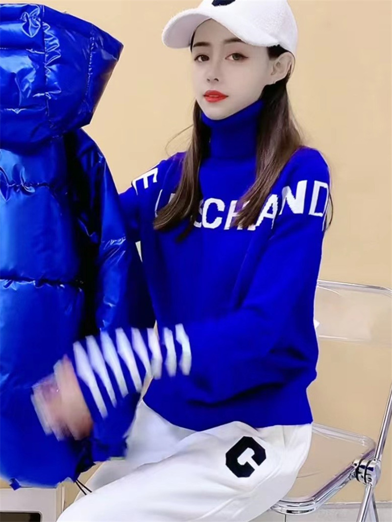 欧货2025秋冬装新款高领针织打底衫克莱因蓝毛衣字母内搭上衣女潮