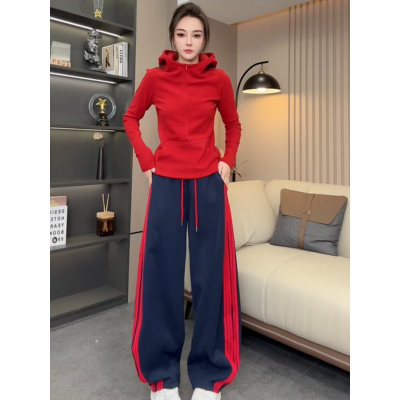 冬季新款复古侧边撞色条纹直筒裤