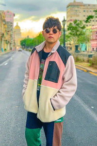 周杰伦JAY同款粉拼色外套男女毛绒摇粒绒秋冬夹克大衣冬宽松大码