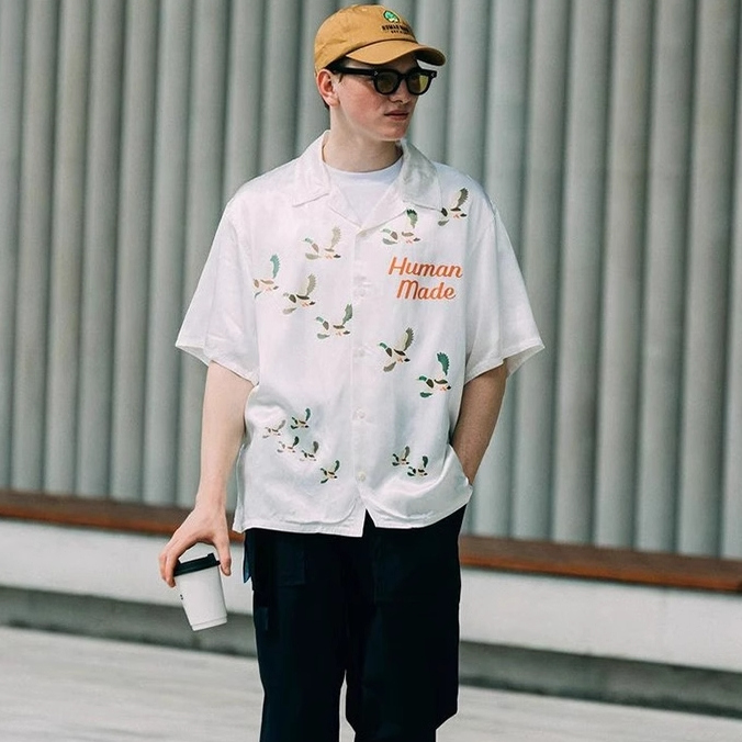夏季HUMAN MADE SHIRT大雁飞鸭数码印花男女丝质休闲短袖衬衫宽松
