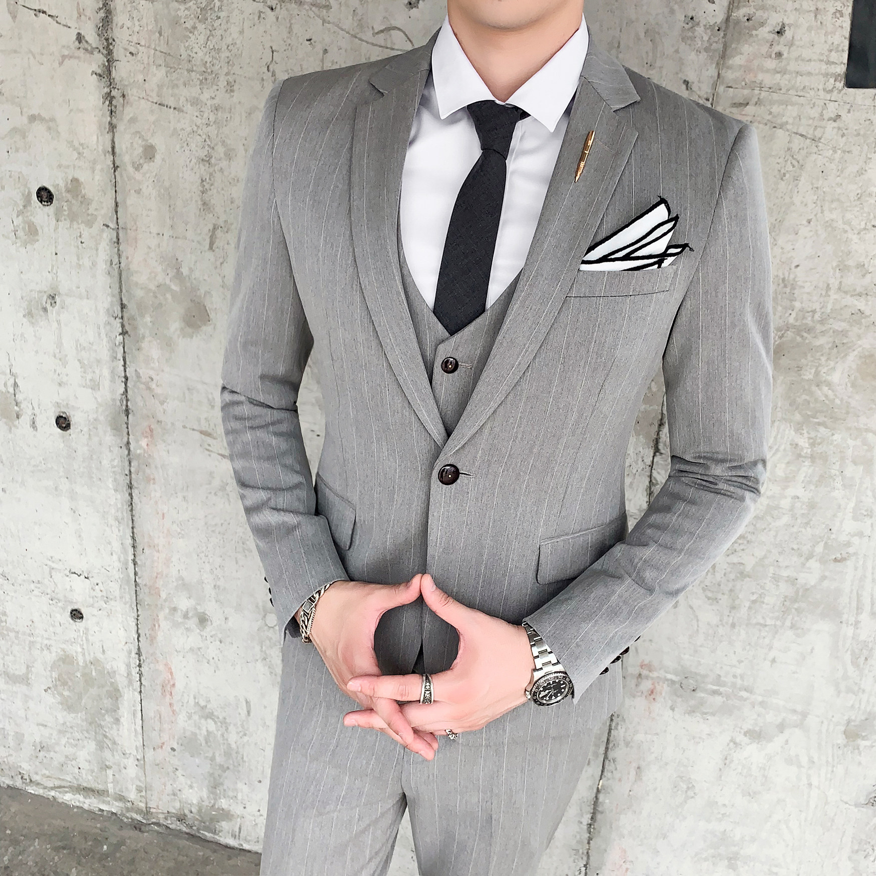 英伦时尚西装男套装三件套条纹西服新郎礼服职业商务SJT808-P260图片