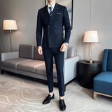藏青色条纹西装套装男三件套修身双排扣西服礼服SJT826-P265，男装西服套装，星座1012