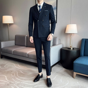 藏青色条纹西装套装男三件套修身双排扣西服礼服SJT826-P265图片