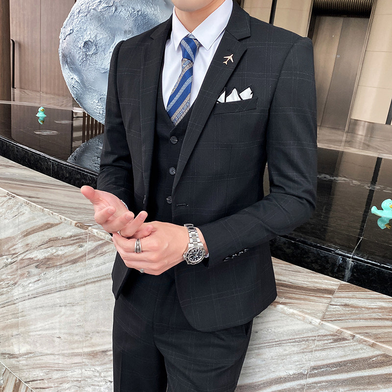 双线格子西装套装男三件套修身帅气礼服正装西服SJT823-P275图片
