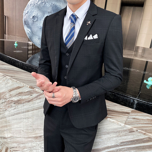 双线格子西装套装男三件套修身帅气礼服正装西服SJT823-P275图片