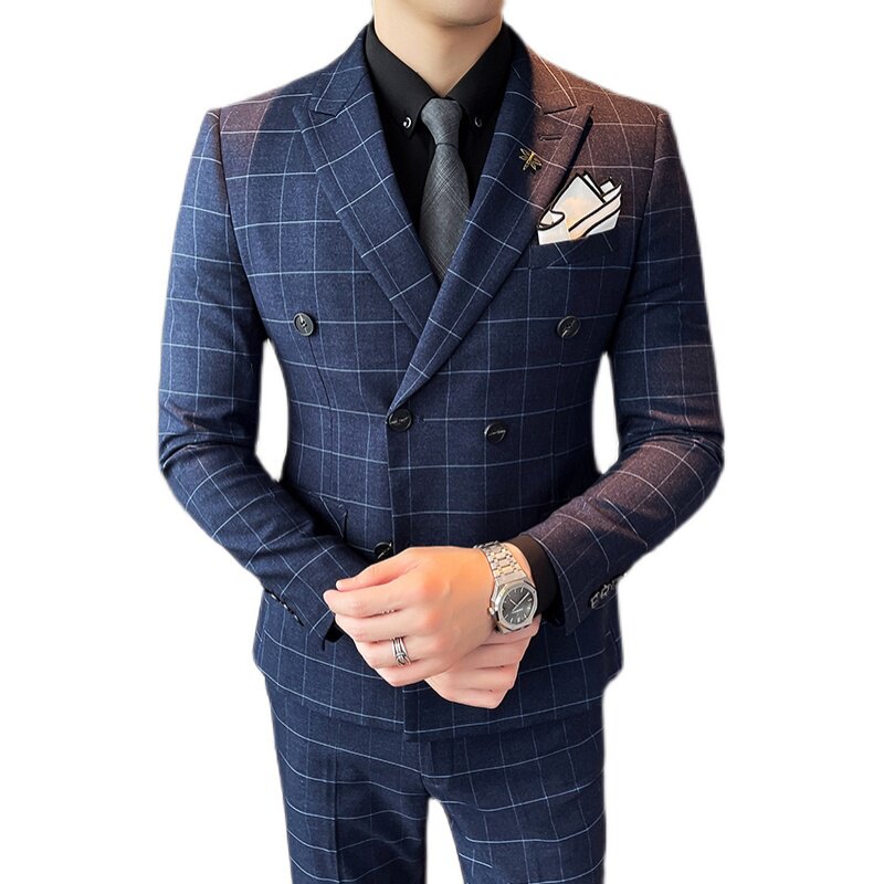 21秋冬韩版双排扣格子西服套装男英伦西装礼服商务SJT862-P285,男装西服套装,星座1012