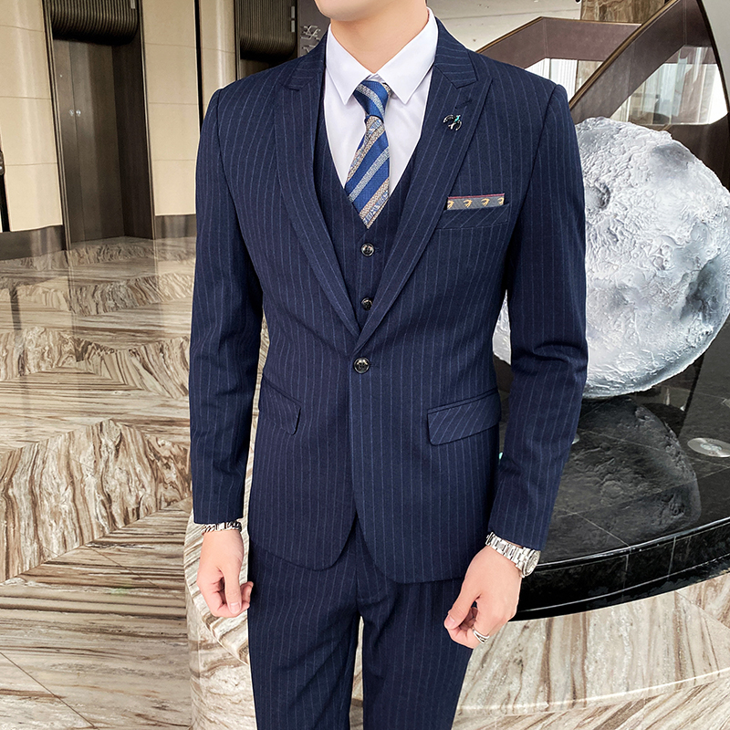 帅气新款修身西装男套装三件套条纹英伦西服宴会1012-827，男装西服套装，星座1012