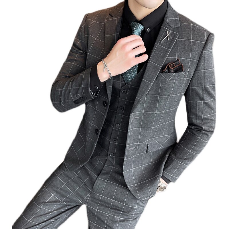 西服套装男英伦修身商务职业休闲格子款西装三件套SJT863-P285,男装西服套装,星座1012
