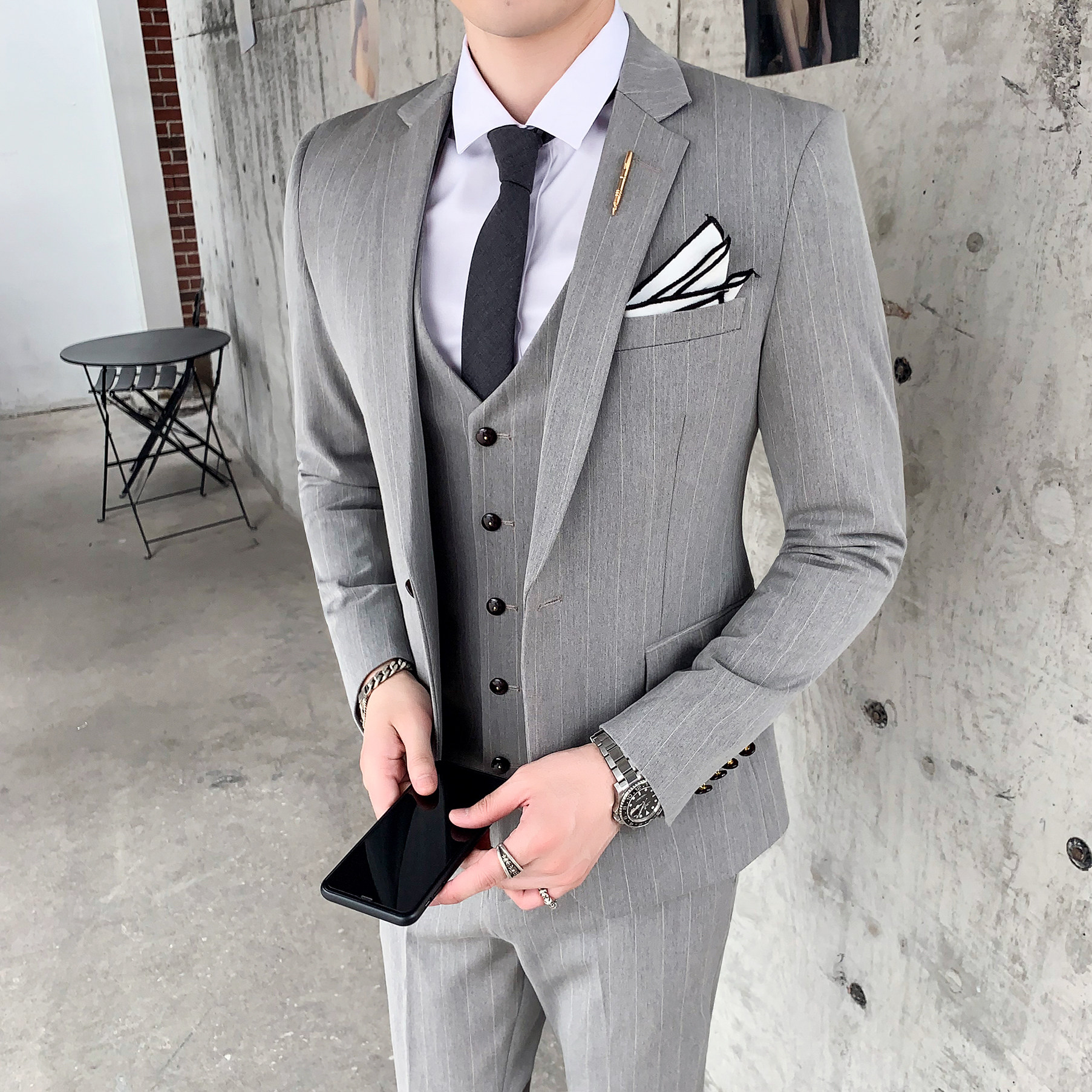 时尚新款条纹西装三件套结婚礼服职业商务修身西服潮SJT808-P260,男装西服套装,星座1012