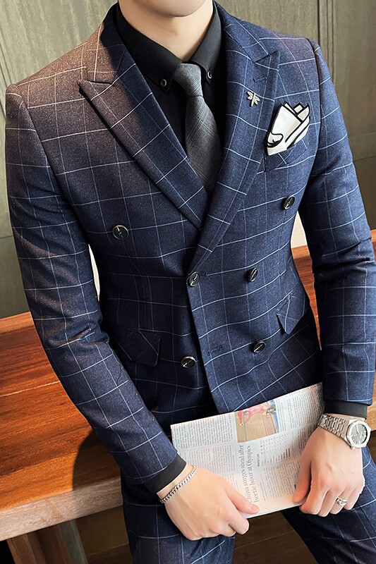 双排扣格子款西服套装男商务修身休闲西装蓝色礼服SJT8662-P285,男装西服套装,星座1012