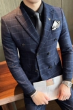 双排扣格子款西服套装男商务修身休闲西装蓝色礼服SJT8662-P285，男装西服套装，星座1012
