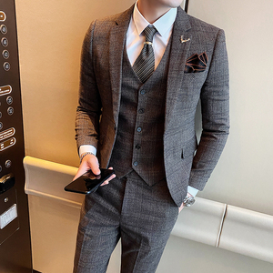 复古时尚西装男士套装三件套商务英伦西服千鸟格婚礼SJT816