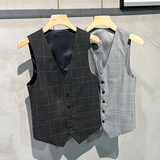 薄格子中袖西服三件套七分袖西装P80马甲35裤子50SJT867-P165，男装西服套装，星座1012