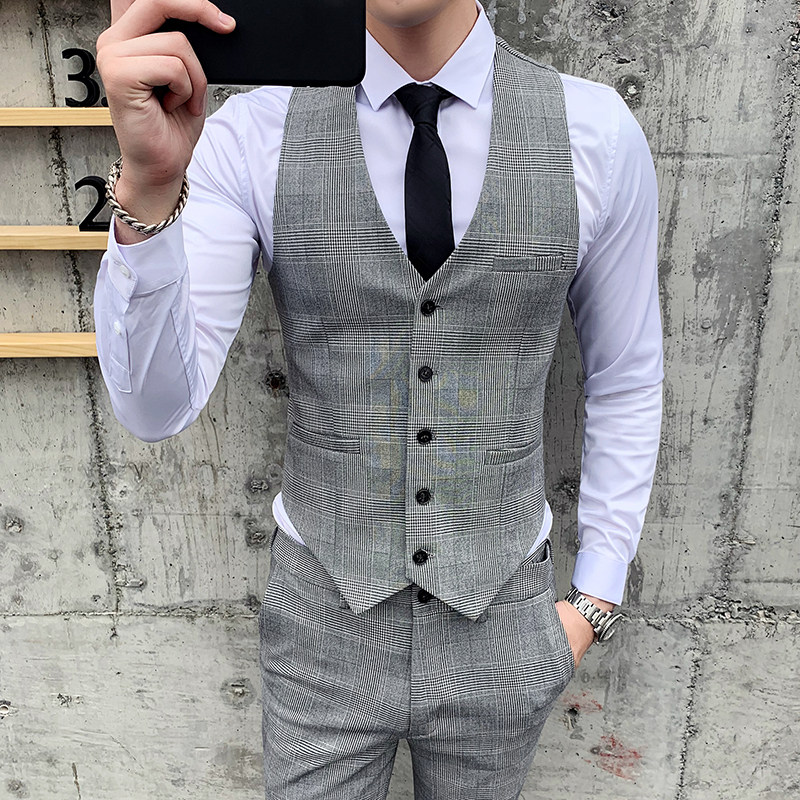 男士千鸟格修身西服马甲男新郎主持人礼服背心M801-P60图片