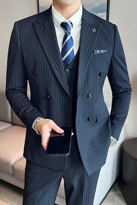 藏青色条纹西装套装男三件套修身双排扣西服礼服SJT826-P265图片