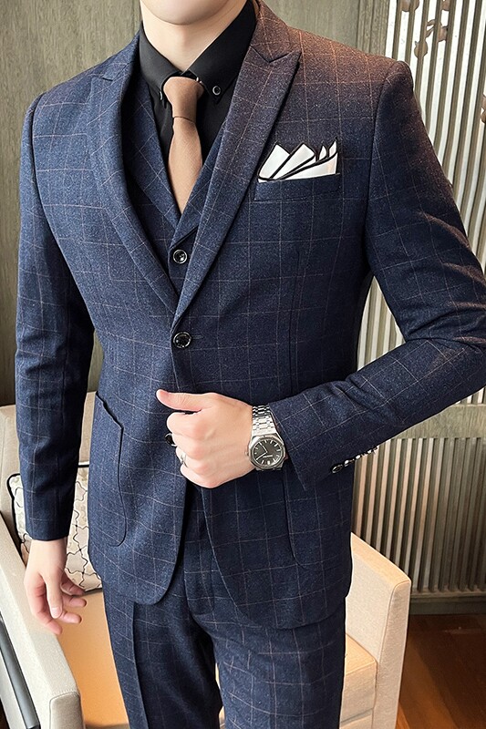 格子西装男套装三件套帅气商务婚礼服修身西服SJT851-P260,男装西服套装,星座1012