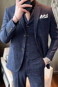 21秋冬新韩版格子西装三件套男西服套装结婚礼服正装SJT851-P260图片