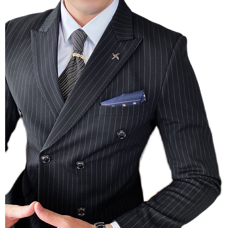 条纹双排扣西装三件套西服英伦修身商务休闲1012-826,男装西服套装,星座1012
