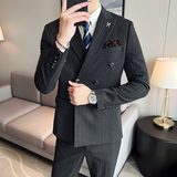 条纹西装男套装修身帅气双排扣西服休闲商务抗皱厚款SJT866-P285，男装西服套装，星座1012