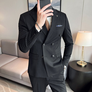 三件套男士西装套装商务休闲修双排扣条纹西服SJT826-P265图片