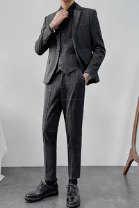 秋冬新款双线一粒扣西装套装男生修身商务西服三件套SJT8121-P280图片