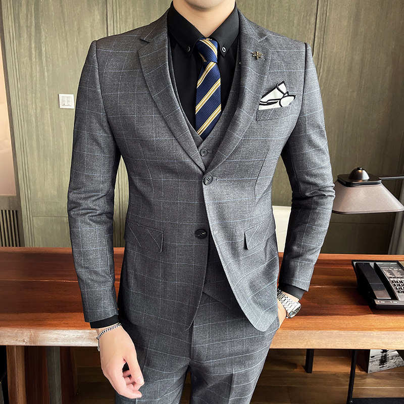 秋冬新款格子西服套装男三件套商务职业新郎结婚修身SJt861-P285,男装西服套装,星座1012