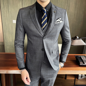 秋冬新款格子西服套装男三件套商务职业新郎结婚修身SJt861-P285图片