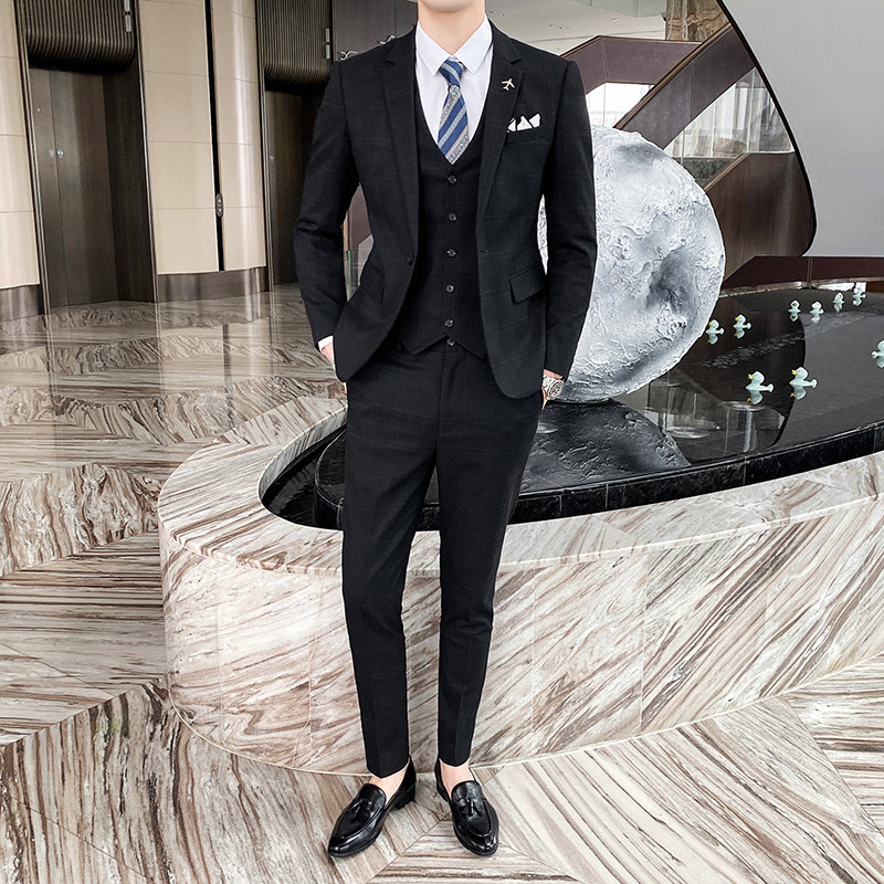 双线格子西装套装男三件套修身帅气礼服正装西服SJT823-P275,男装西服套装,星座1012
