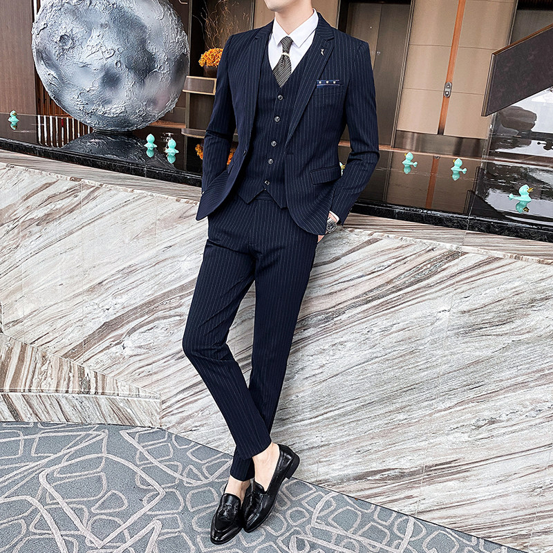 条纹主持人司仪婚礼新郎商务修身西服西服三件套1012-SJT825,男装西服套装,星座1012