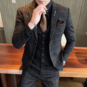 西服套装男英伦修身商务职业休闲格子款西装三件套SJT863-P285图片