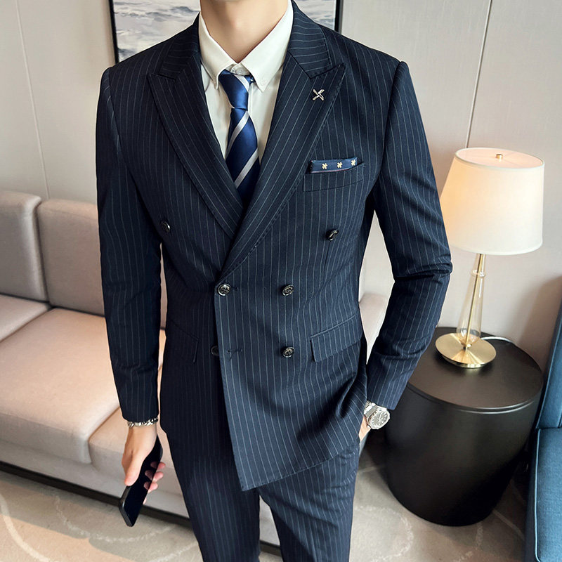 三件套男士西装套装商务休闲修双排扣条纹西服SJT826-P265,男装西服套装,星座1012
