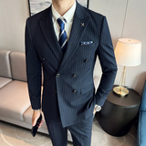 三件套男士西装套装商务休闲修双排扣条纹西服SJT826-P265，男装西服套装，星座1012