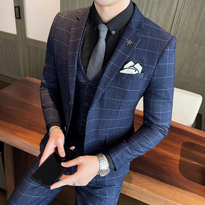 秋冬新款格子西服套装男三件套商务职业新郎结婚修身SJt861-P285图片