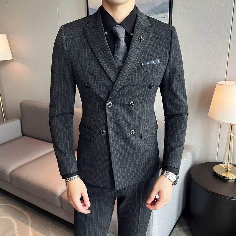 藏青色条纹西装套装男三件套修身双排扣西服礼服SJT826-P265,男装西服套装,星座1012