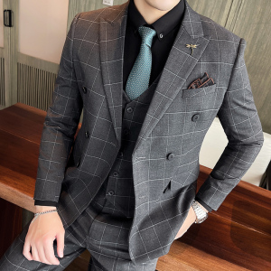 双排扣格子西装套装男三件套修身西服新郎结婚正装礼服SJT864P285图片