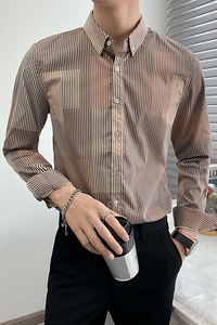 新款条纹长袖衬衫男商务职业衬衣立领微宽松轻熟风CS969-P70图片
