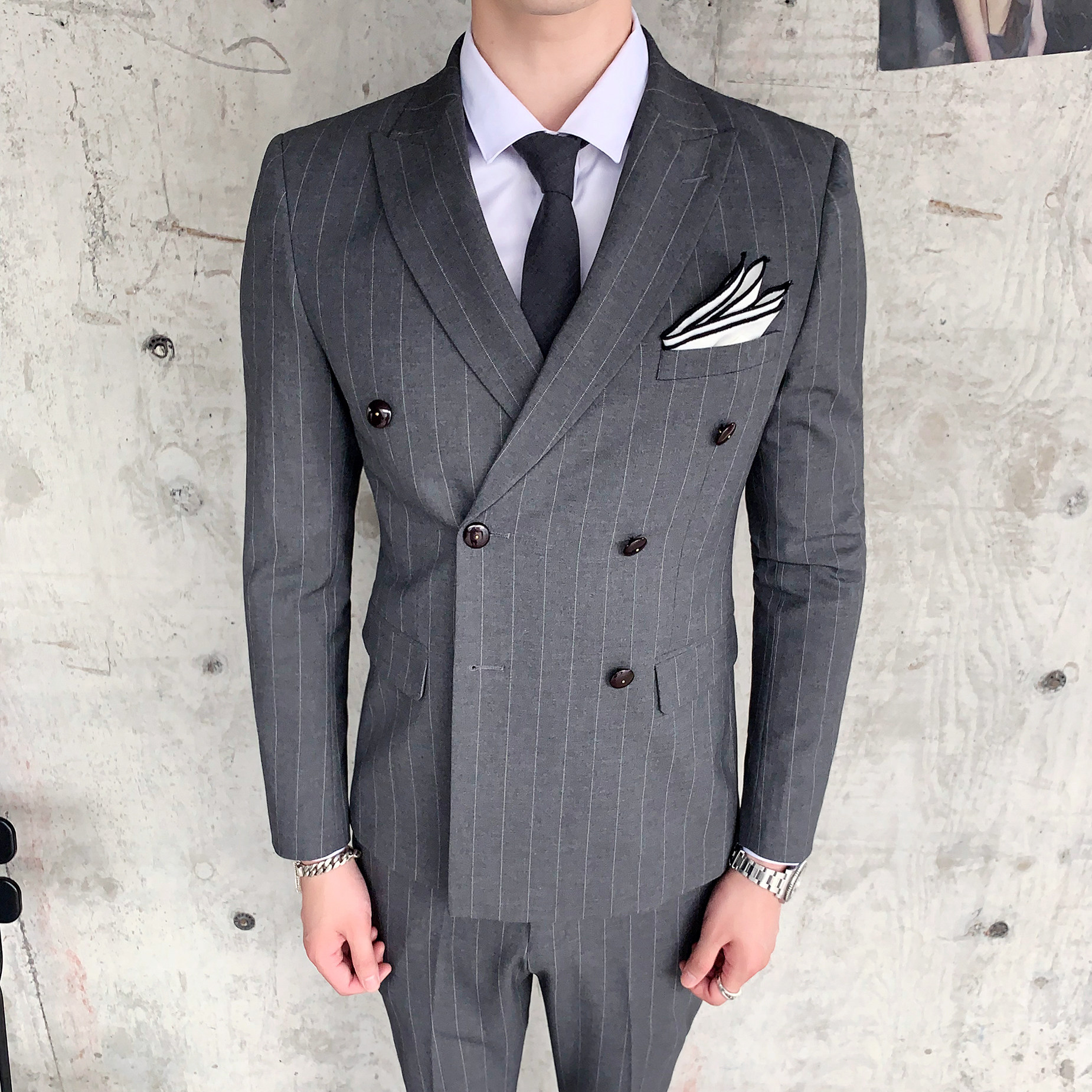 英伦休闲商务条纹双排扣西服三件套发型师套装正装SJT807-P260图片