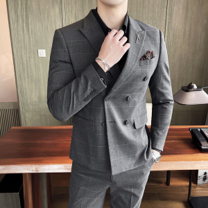 2023格子款西服套装男两件套礼服修身双排扣西装LJT865-P200图片