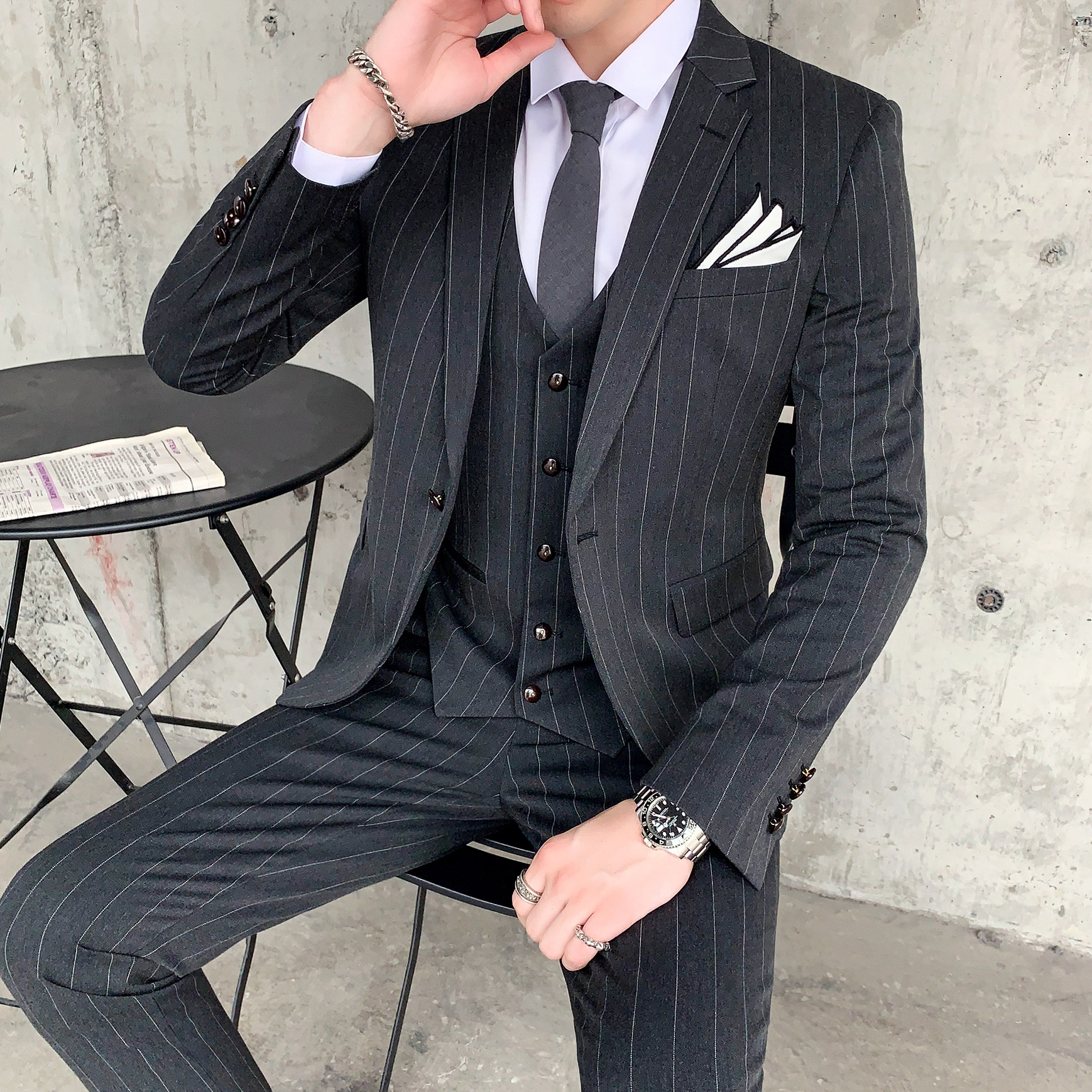 英伦修身条纹西服套装男礼服职业商务结婚正装礼服潮SJT808-P260,男装西服套装,星座1012